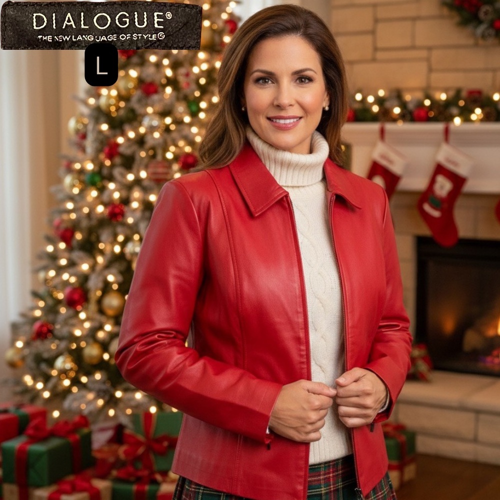 Vtg DIALOGUE Red 100% Leather Jacket Coat Full Zip Y2K Women's Size L